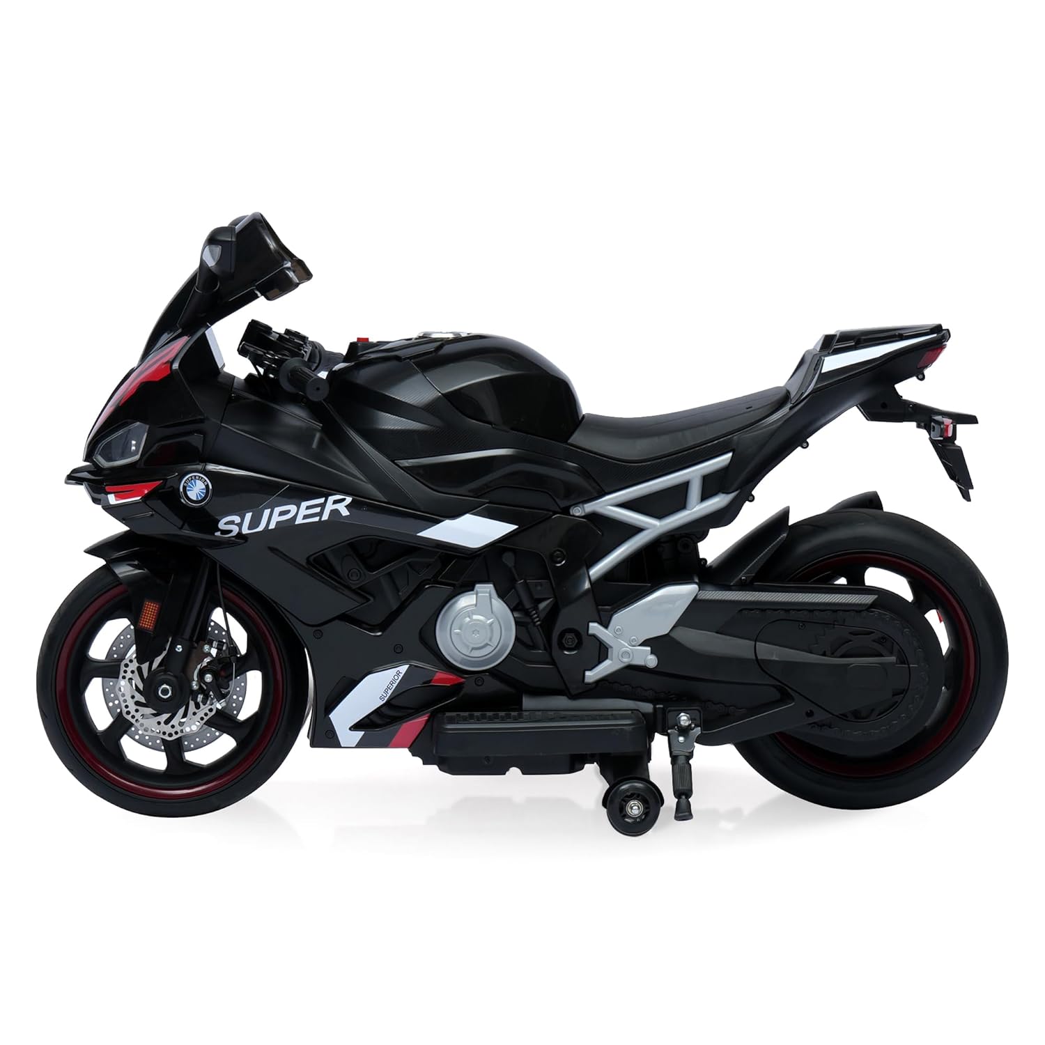 Kids' large black electric ride-on sport motorcycle with 12V 8Ah battery, dual 45W motors, and red training wheels. www.usmile.toys